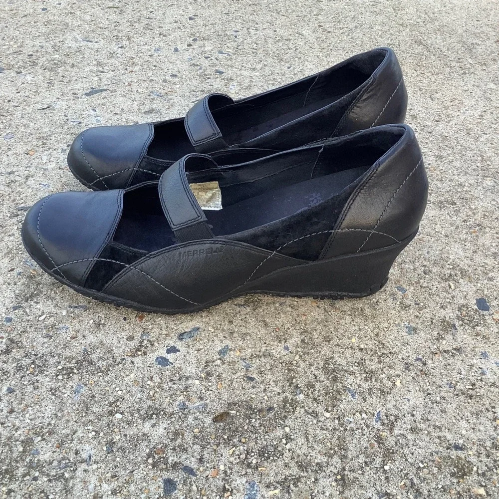 Merrell Orchid Black Leather Suede Mary Jane Wedge Shoes J46204 Vibram Womens 11